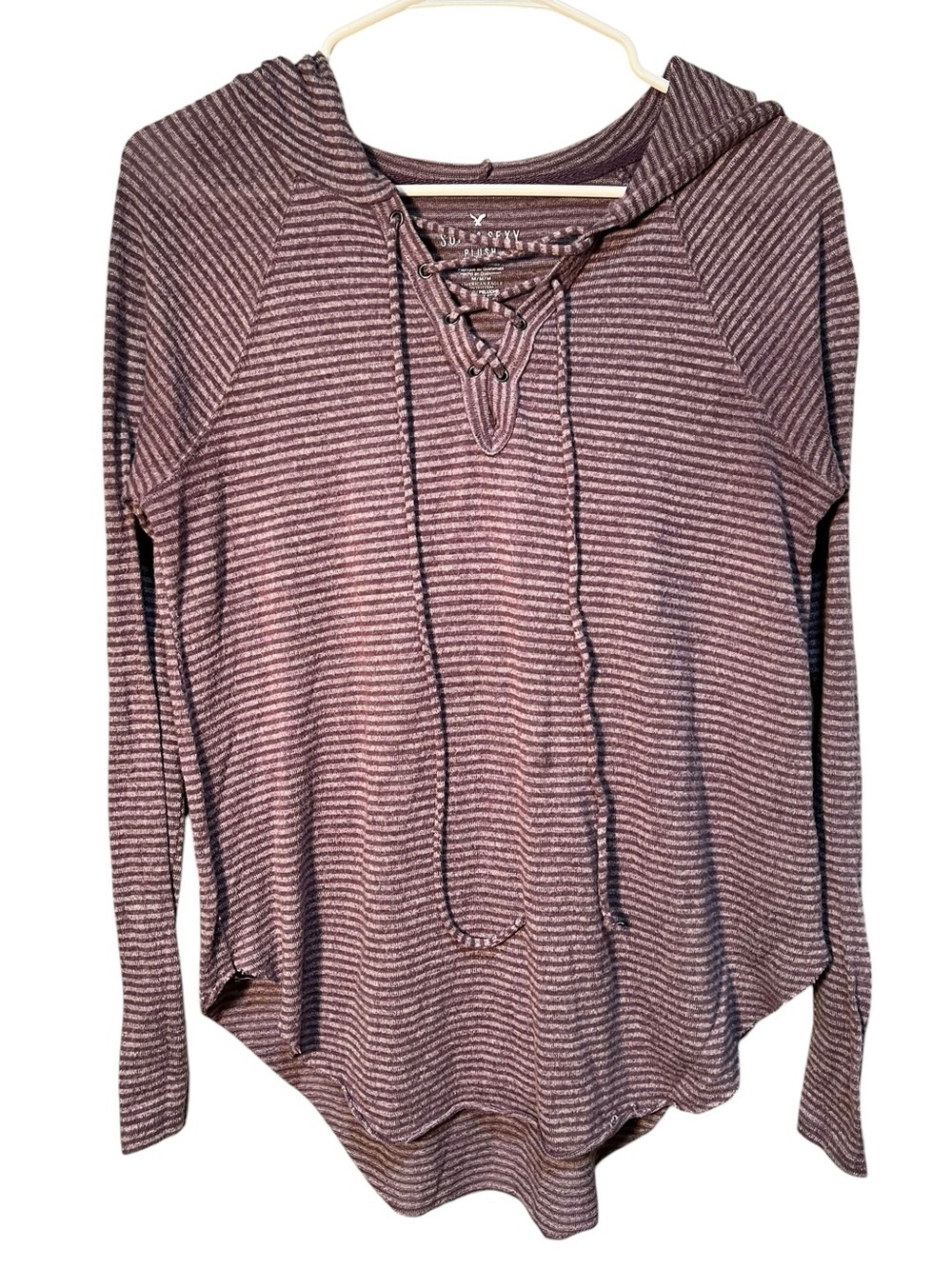 American Eagle Women's Size Medium Soft & Sexy Plush Hoodie Purple Gray Stripes